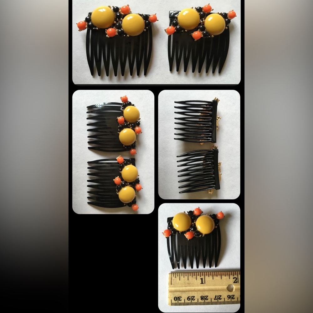 *SET OF 2* Handmade YELLOW ORANGE BLACK Stones, JEWELED, STATEMENT HAIR COMBS